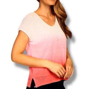 V Neck Short Sleeve White Pink Gradient Lightweight Knit Sweater Top by Mododoc